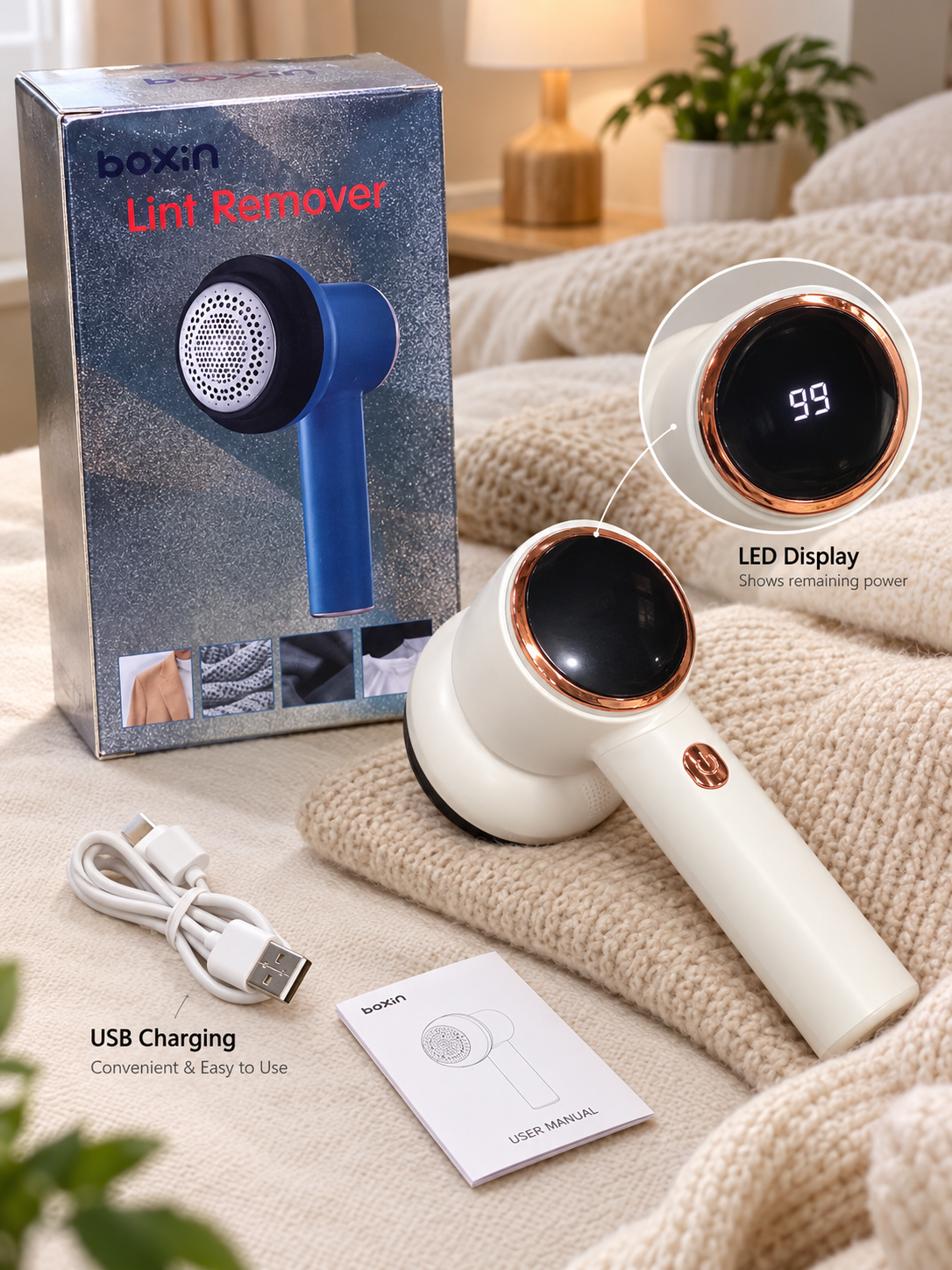 Boxin Portable Lint Remover Rechargeable With Led Display USB Portable Clothes Shaver for Fluff Pilling Fabric