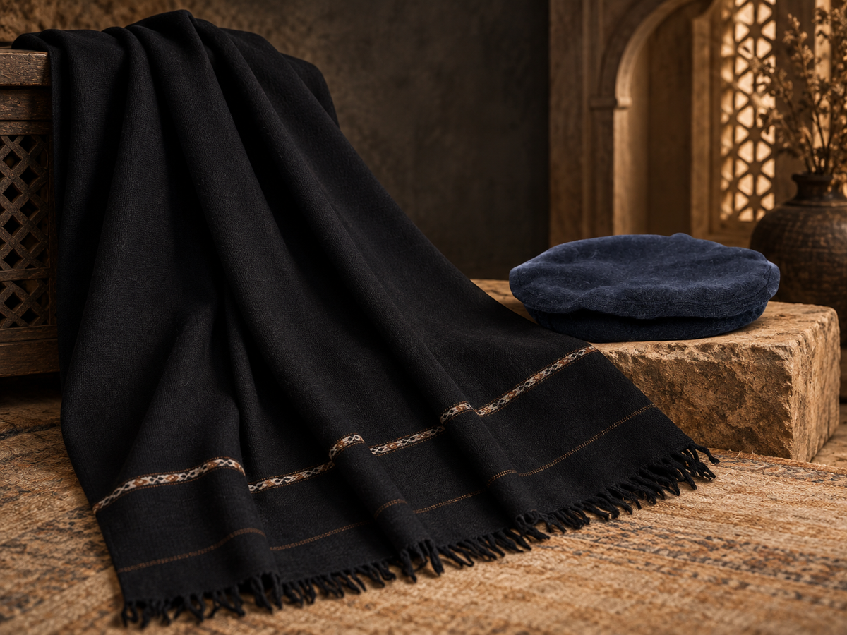 Peshawari Winter Shawl & Chitrali Cap Set – Premium Black Traditional Men's Wear