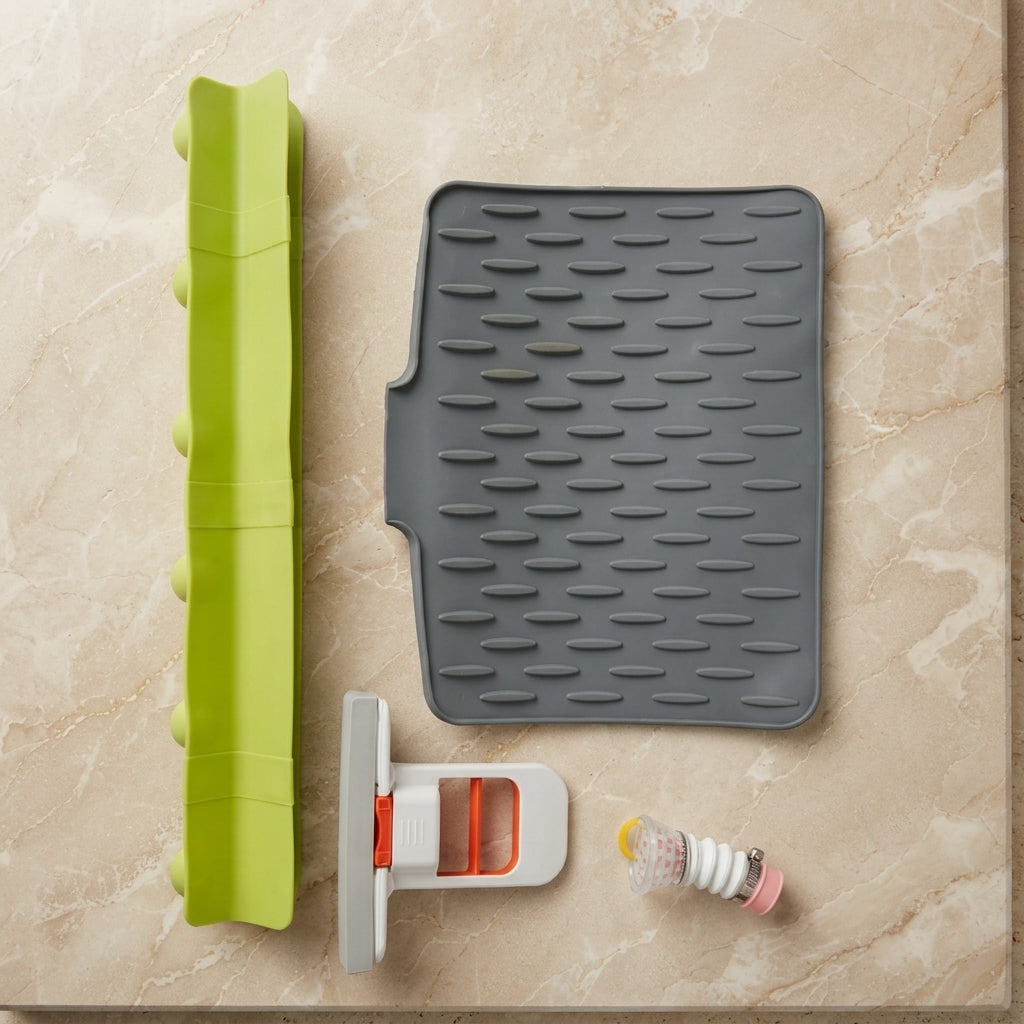 4-in-1 Kitchen & Cleaning Essentials Combo – Sink Mat, Splash Guard, Mini Mop & Faucet Cleaning Tools