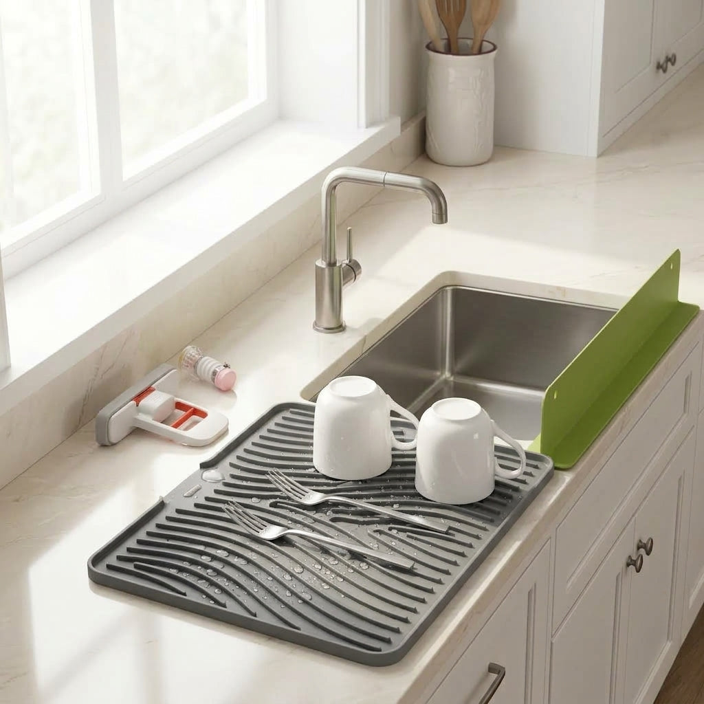 4-in-1 Kitchen & Cleaning Essentials Combo – Sink Mat, Splash Guard, Mini Mop & Faucet Cleaning Tools